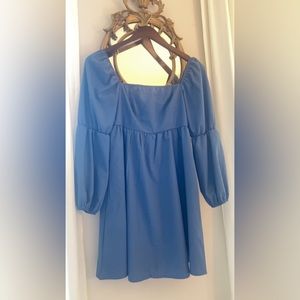 EXLURA Womens Square Neck Dress Long Puff Sleeve A-Line Casual Short Mini Dress